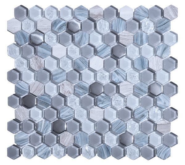 Mosaico esagonale in vetro metallo e pietra grigio