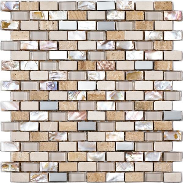 Mosaico in mardre perla pietra metallo e vetro con tessere rettangolari piccole beige