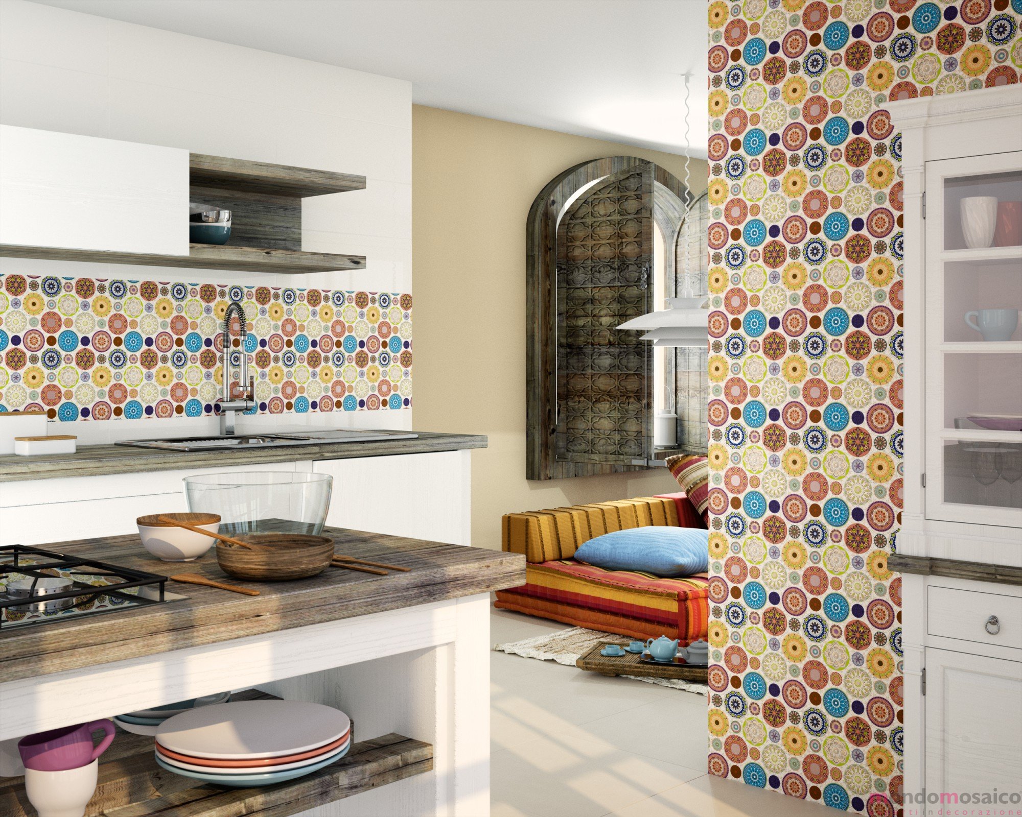 Mosaico spettacolare a tessere rotonde con decori — Mondo Mosaico Italia