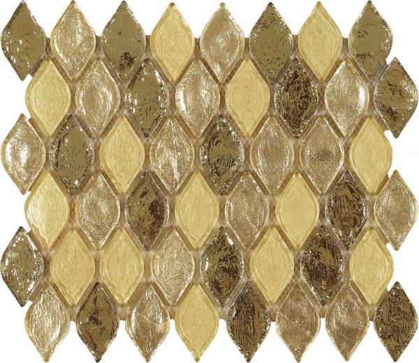 Mosaico vetroso a forma di goccia con toni dorati e avorio